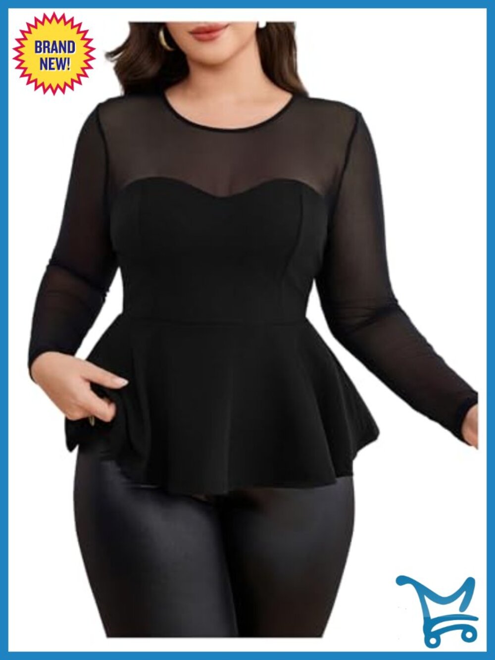 Plus Size Mesh Long Sleeve Peplum Ruffle Hem Cocktail Top